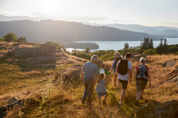 rückansicht des multi-generationen-familie zu fuß auf hügel auf wanderung durch die landschaft im lake district uk - family grandmother multi generation family nature stock-fotos und bilder