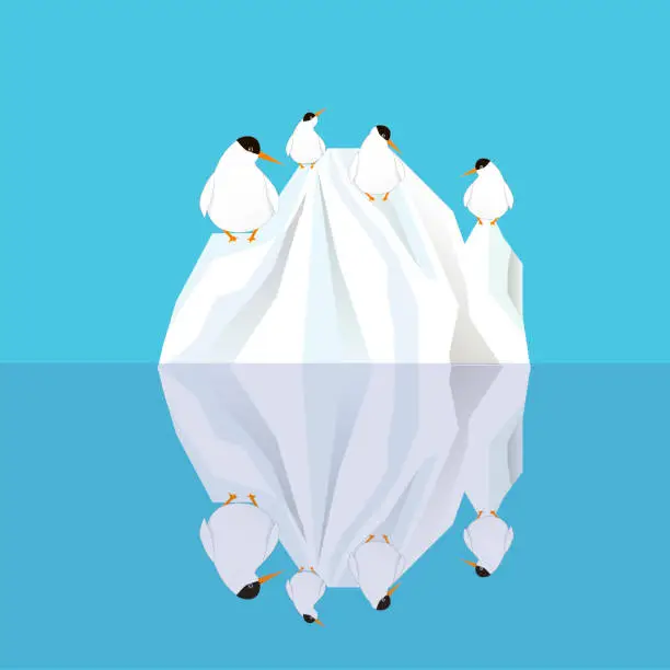 Vector illustration of White iceberg reflecting in blue water, arctic tern birds design element