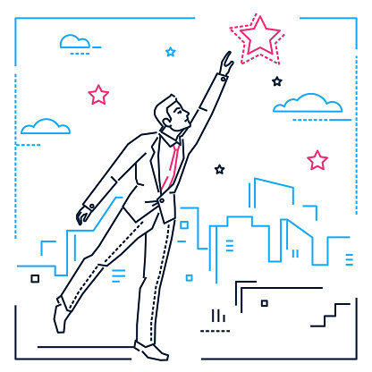 Businessman reaching out the star - line design style illustration on white urban background with city silhouettes. Metaphorical image of a smart young man trying to touch the sky, pursuing his goal