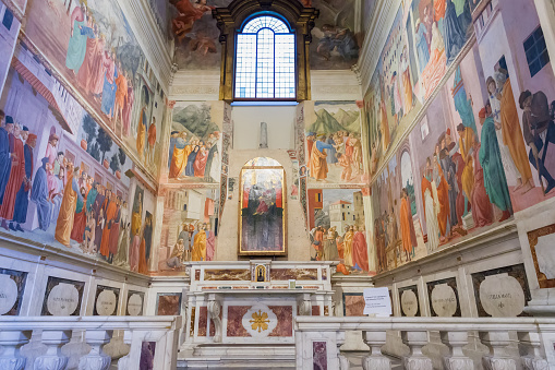 Florence, Italy – April 08, 2017: Brancacci Chapel in the Church of Santa Maria del Carmine, famous of Renaissance frescoes by Masaccio and Masolino da Panicale, lilippino Lippi