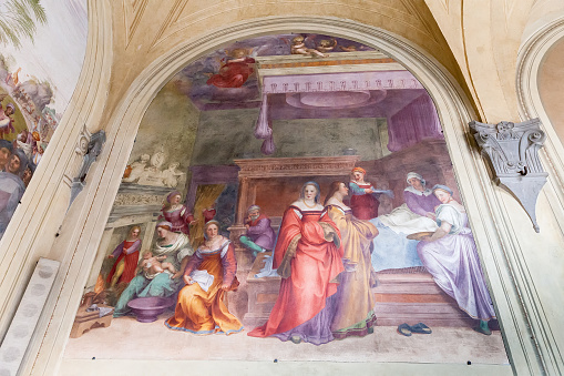 Death Announcement Saint Gregory to Saint Fina Medieval Renaissance Fresco Collegiate Church of Santa Maria Assunta San Gimignano Tuscany Italy. By Domenico Ghirlandaio 1477
