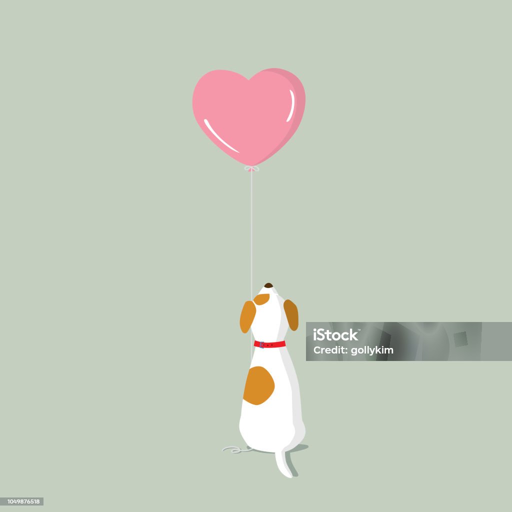 Chiot Jack Russell Terrier avec ballon d’hélium forme coeur rose - clipart vectoriel de Chien libre de droits