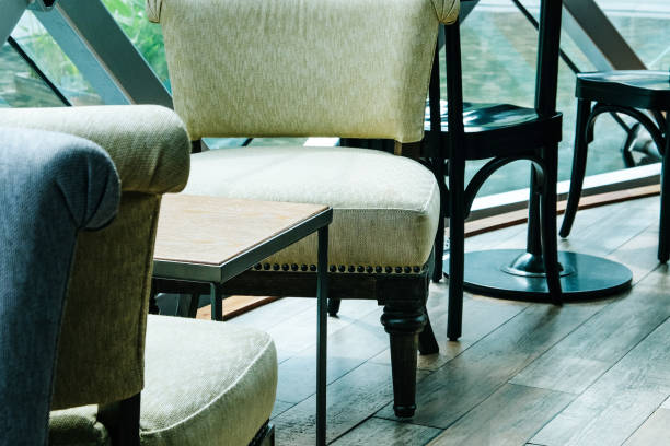 istock wooden chairs and table in Cafe 1049879974