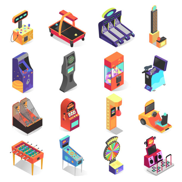 zestaw ikon izometrycznych maszyny do gier, elektroniczna rozrywka - amusement arcade stock illustrations