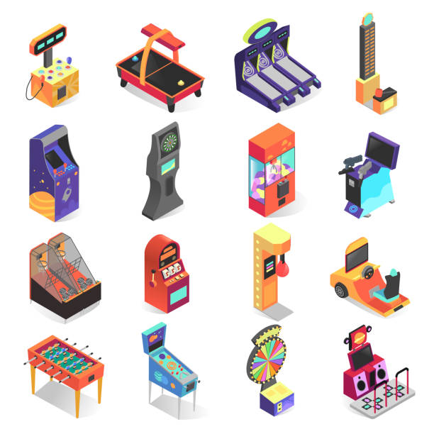 Game machine isometric icon set, electronic entertainment Game machine isometric icon set, electronic entertainment. Fun terminal for public places, malls, restaurants and amusement arcades. Vector illustration on white background amusement arcade stock illustrations