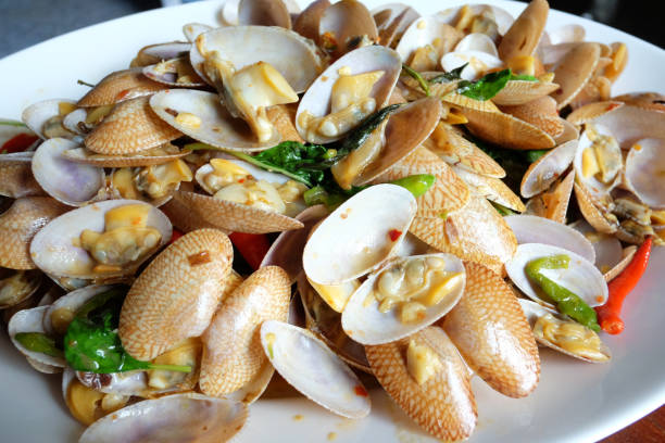 istock Stir fried clams with roasted chili paste food in thailand. 1049887326