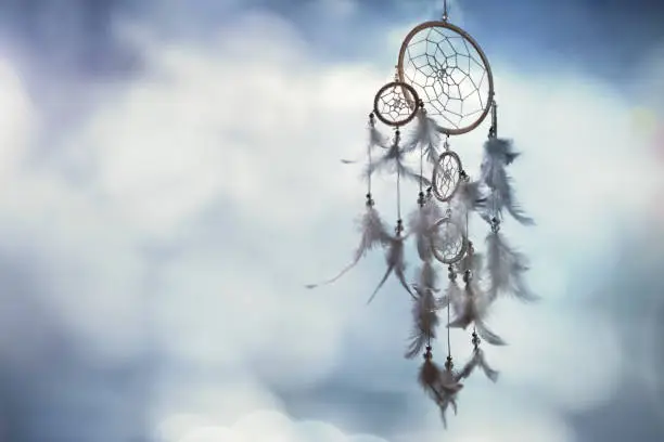 Photo of Dream catcher on blue background with copy space