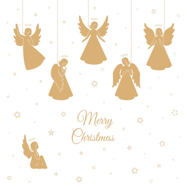 stockillustraties, clipart, cartoons en iconen met gouden kerst engelen met vleugels en nimbus - kerstengel