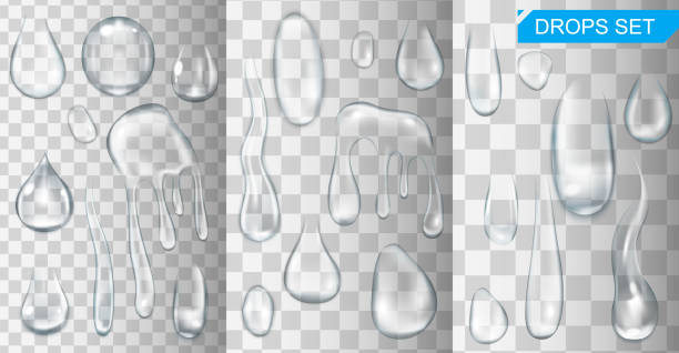 realistische glänzende wassertropfen und tropft auf transparentem hintergrund-vektor-illustration - water drop backgrounds macro stock-grafiken, -clipart, -cartoons und -symbole