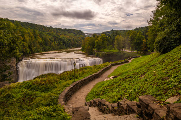Tranquility of Upstate New York Beautiful view of the middle falls at Gorge Letchworth state park, upstate New York letchworth state park stock pictures, royalty-free photos & images