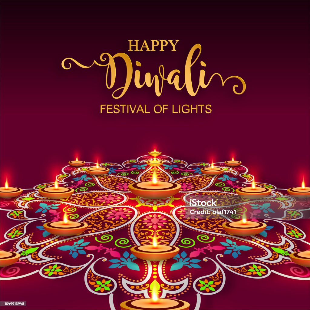 Glückliches Diwali Festival Karte mit gold Diya gemustert und Kristalle auf dem Papier Farbe Hintergrund. - Lizenzfrei Diwali Vektorgrafik