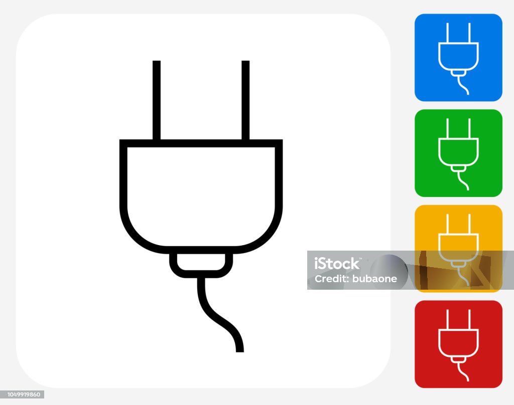 Electric Outlet power Plug Icon Electric Outlet power Plug Icon. The icon is black and is placed on a square vector button. The button is flat white color and the background is light. The composition is simple and elegant. The vector icon is the most prominent part if this illustration. There are four alternate button variations on the right side of the image. The alternate colors are red, yellow, green and blue. Black Color stock vector