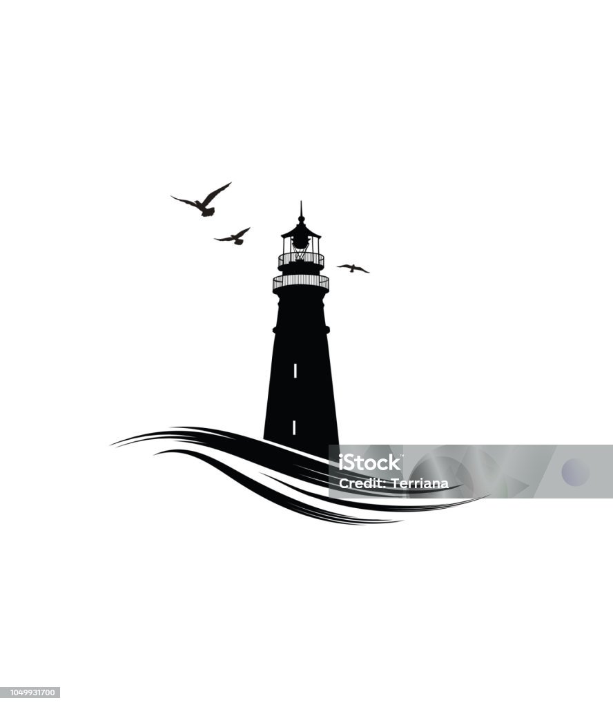 Lighthouse. Nautical icon with lighthouse with ocean waves and gull birds. Label design Lighthouse stock vector