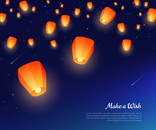 ilustrações, clipart, desenhos animados e ícones de lanternas de papel do céu à noite - lantern wishing sky night