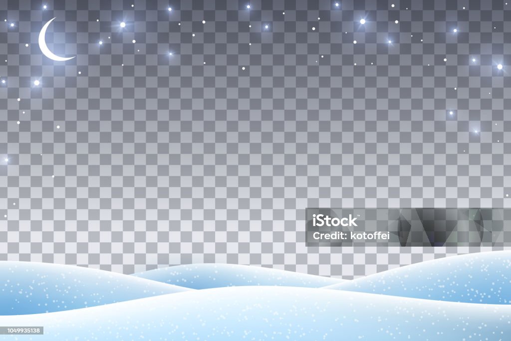 Winter landscape with empty space Winter landscape with empty transparent space for 2019 Happy New Year and Merry Christmas Design. Vector illustration. Night sky with stars and crescent, snow drifts. Snow stock vector