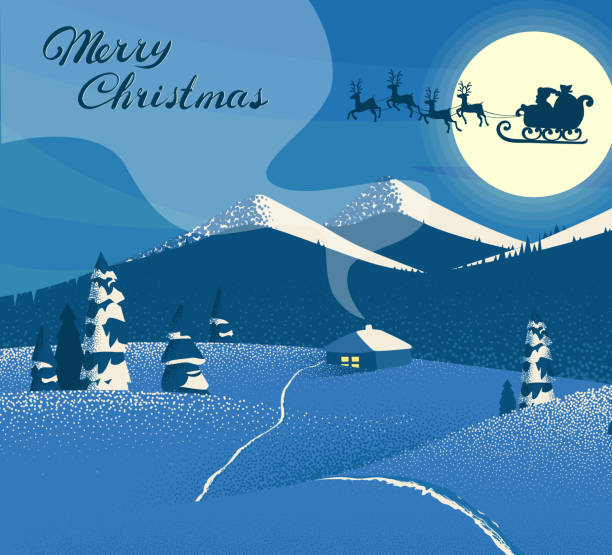 istock Merry Christmas card with winter landscape and Santa Claus. 1049935740
