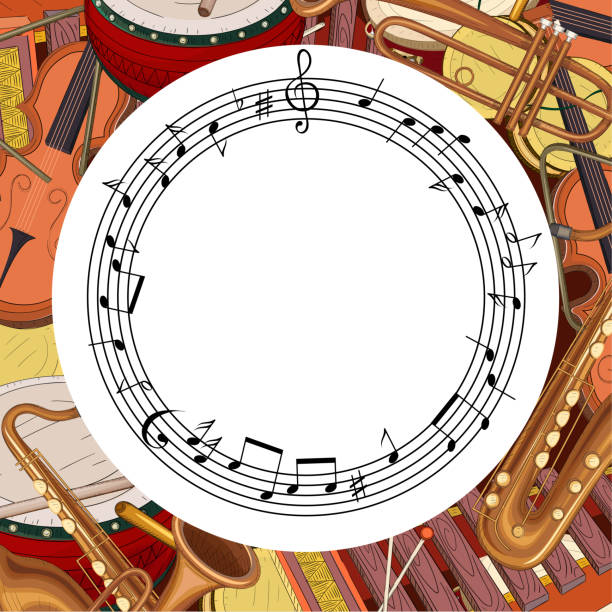 ilustrações, clipart, desenhos animados e ícones de fundo redondo, com notas e instrumentos musicais. - bugle music musical instrument musical note