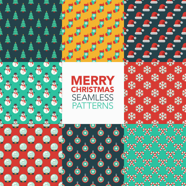 Christmas Seamless Pattern Set A set of eight seamless patterns created from a single flat design icon. All patterns can be tiled on all sides. File is built in the CMYK color space for optimal printing and can easily be converted to RGB. No gradients or transparencies used, the shapes have been placed into a clipping mask. christmas stocking background stock illustrations