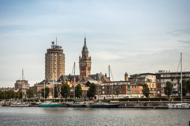 Old port with two towers of Dunkirk, France. stock photo