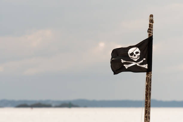 Small jolly roger on a wooden pole in front of cloudy sky