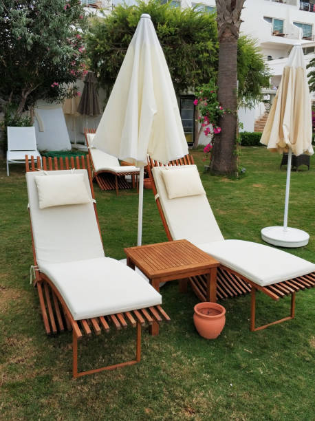Lounge chairs in hotel garden