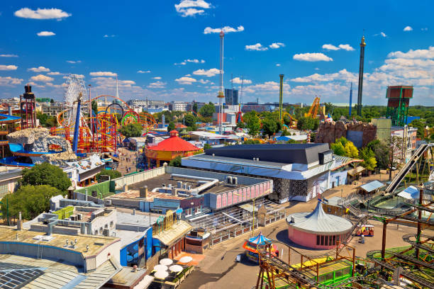 prater amusement park in vienna aerial view, colorful capital of austria - prater park imagens e fotografias de stock