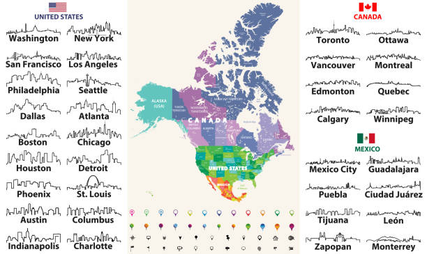 ilustraciones, imágenes clip art, dibujos animados e iconos de stock de canadá, estados unidos y méxico mapa detallado con nombres de estados y fronteras. banderas y horizontes de las ciudades más grandes los iconos de estados unidos, canadá y méxico del esquema - manitoba map canada outline