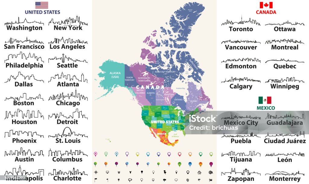 Mappa dettagliata di Canada, Stati Uniti e Messico con nomi e confini degli stati. Bandiere e skyline delle città più grandi delineano icone di Stati Uniti, Canada e Messico - arte vettoriale royalty-free di Orizzonte urbano