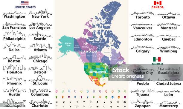 Mappa Dettagliata Di Canada Stati Uniti E Messico Con Nomi E Confini Degli Stati Bandiere E Skyline Delle Città Più Grandi Delineano Icone Di Stati Uniti Canada E Messico - Immagini vettoriali stock e altre immagini di Orizzonte urbano
