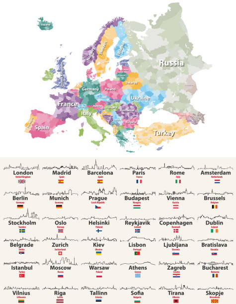 vektor-illustration europas hohe detaillierte regionen mit europäischen städte skylines karte beschreibt symbole - hungary budapest map cartography stock-grafiken, -clipart, -cartoons und -symbole