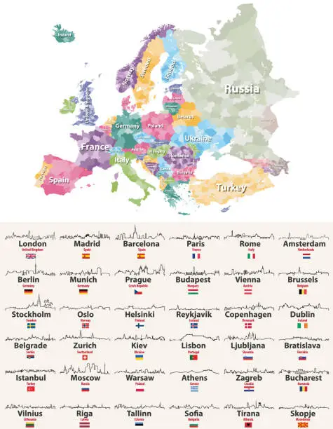 Vector illustration of vector illustration of Europe high detailed regions map with european cities skylines outlines icons