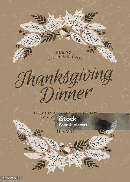 Thanksgiving Dinner Invitation Template Stock Illustration - Download Image Now - Thanksgiving - Holiday, Greeting Card, Laurel Wreath