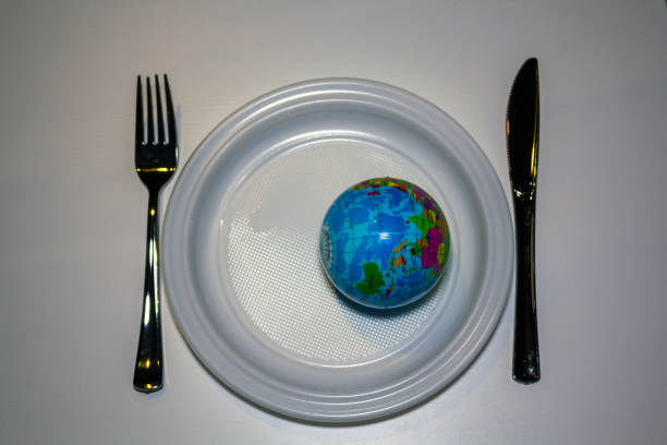 istock World on a plastic plate with plastic cuttlery. Plastic pollution concept 1050006330
