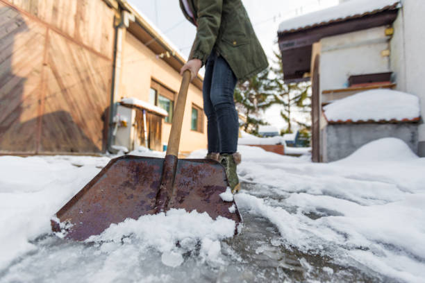 frau b. beim schneeschaufeln - snow digging horizontal people stock-fotos und bilder