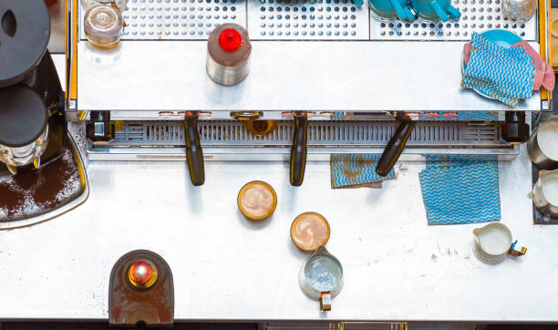 Coffee preparation counter, top aerial view