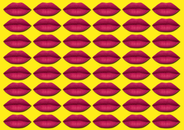 黄色の背景に赤い唇 - lipstick kiss kissing lipstick love ストックフォトと画像