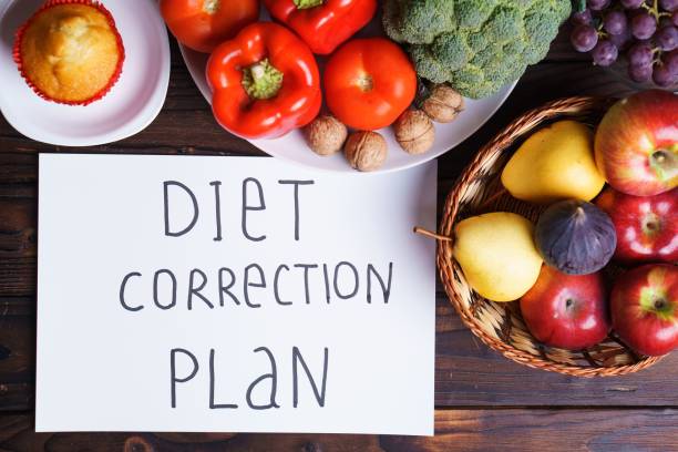 istock Diet correction plan and plenty of food on table 1050035306