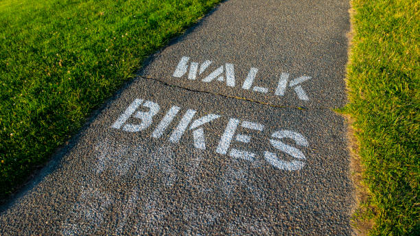 istock asphalt walkway with green grass walk bikes painted on the sidewalk. 1050041008