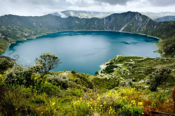 The stunning lake in the caldera of the Quilotoa crater in central Ecuador.