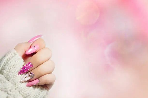 Colorful  Nail art . Manicure. Holiday style bright Manicure with gems and sparkles. Nail Polish. Fashion with diamond shine , Trendy Accessories. Beauty hands. Stylish Nails, Nai
