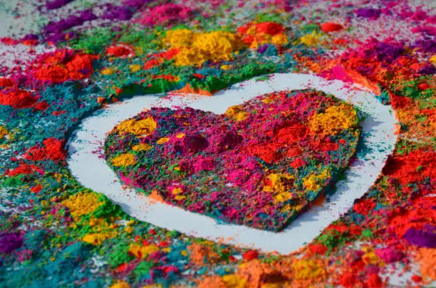Heart of Holi color powder, greeting card, festival of colors