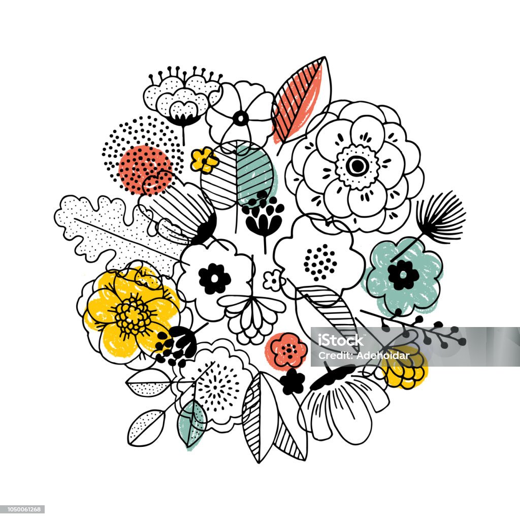 花の花束の組成物。線形のグラフィック。花柄背景です。北欧スタイル。ベクトル図 - 花のロイヤリティフリーベクトルアート