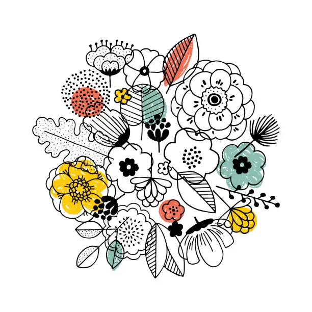 Vector illustration of Flower bouquet composition. Linear graphic. Florals background. Scandinavian style. Vector illustration