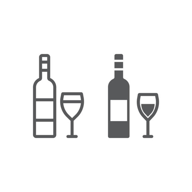 ilustraciones, imágenes clip art, dibujos animados e iconos de stock de vino icono de línea y glifo, alcohol y bebidas, vidrio muestra, gráficos vectoriales, un patrón linear sobre un fondo blanco. - wine red wine pouring wineglass