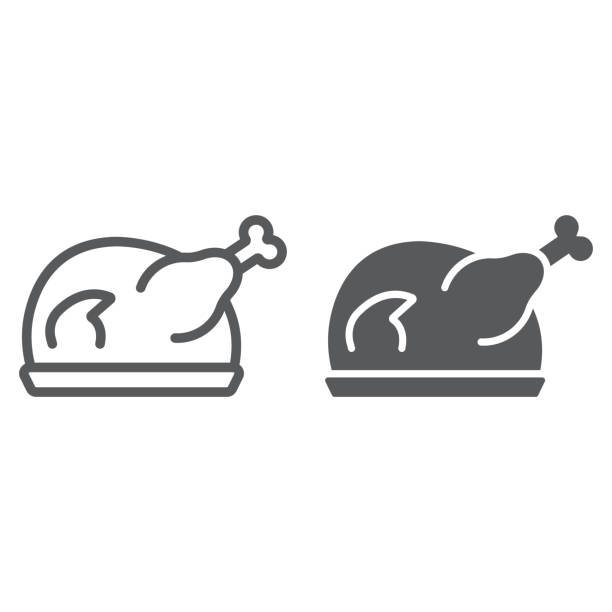 로스트 터키 선 및 문자 모양 아이콘, 고기, 음식, 치킨 서명, 벡터 그래픽, 흰색 바탕에 선형 패턴. - turkey stock illustrations