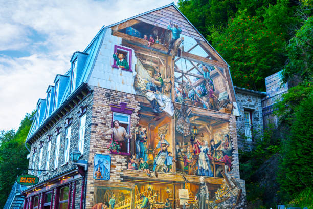 historyczna ściana mural scene w old quebec city, kanada - malarstwo iluzjonistyczne zdjęcia i obrazy z banku zdjęć