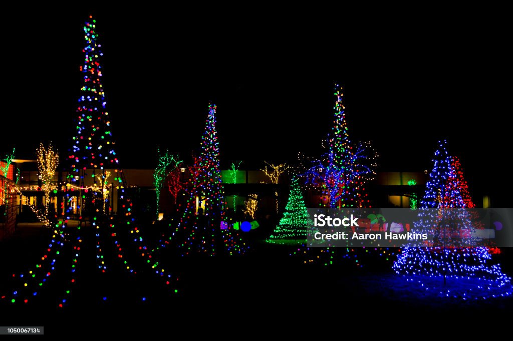 Christmas Light Garden This is a Christmas light display in Orem, Utah.  Different
colored trees surround the space and in the
background are light up blocks and balls that kids
can play with and push around.  I made the contrast
high on this picture so the lights stand out against
the black background of the night sky. Christmas Lights Stock Photo