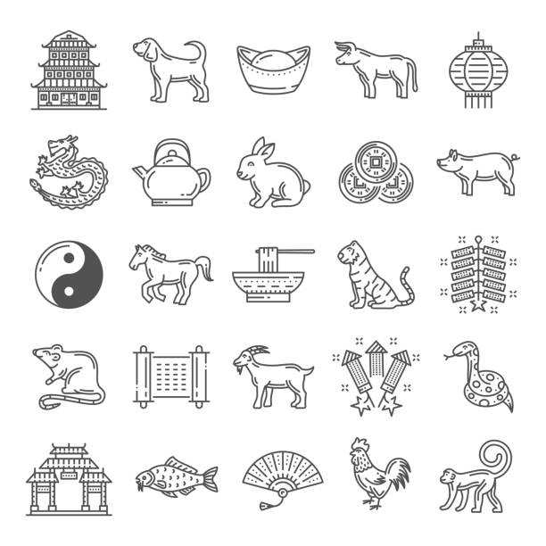 chinesische kultur linie kunst symbole mit sternzeichen tiere - chinese temple dog stock-grafiken, -clipart, -cartoons und -symbole