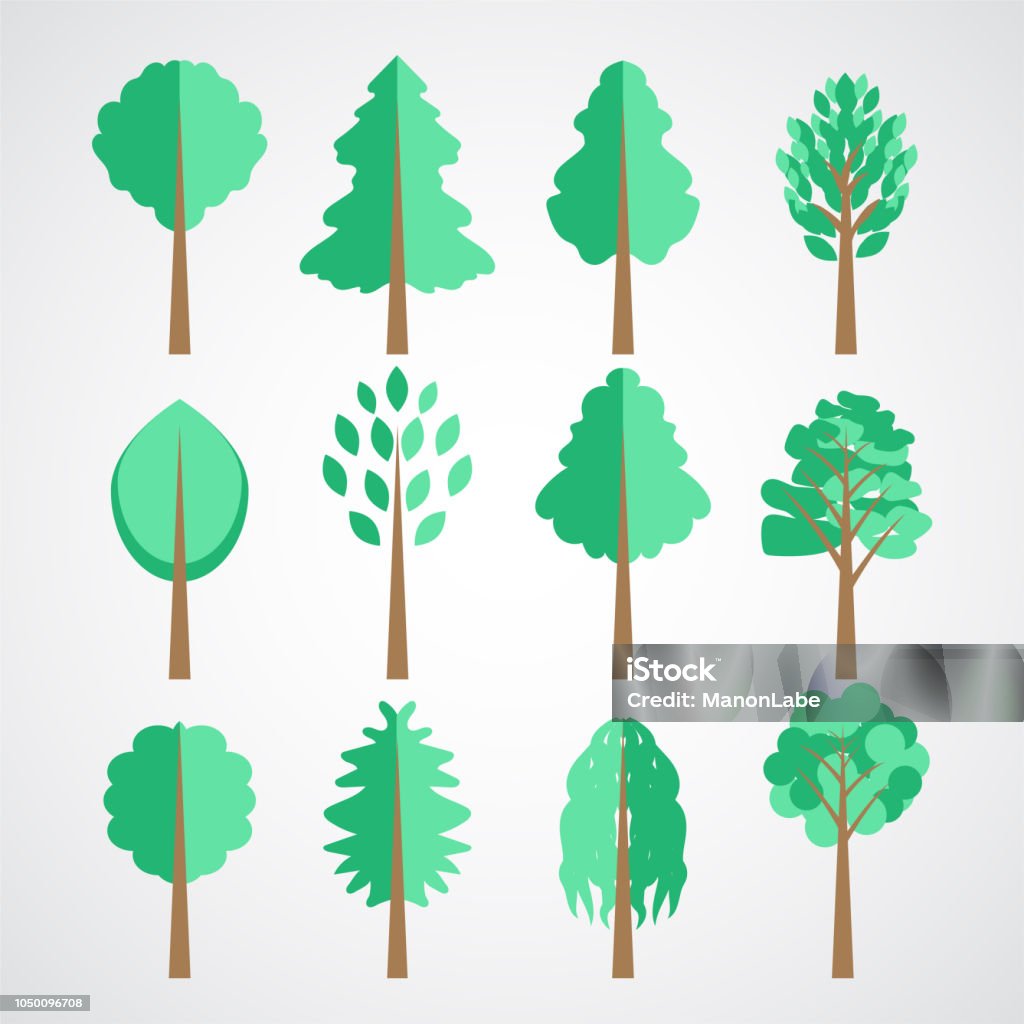 Flat paper style trees vector set for landscapes designs and navigation maps isolated on white. Pollution, wood resources, plant type theme details illustration. Park or forest territory planning. Biology stock vector