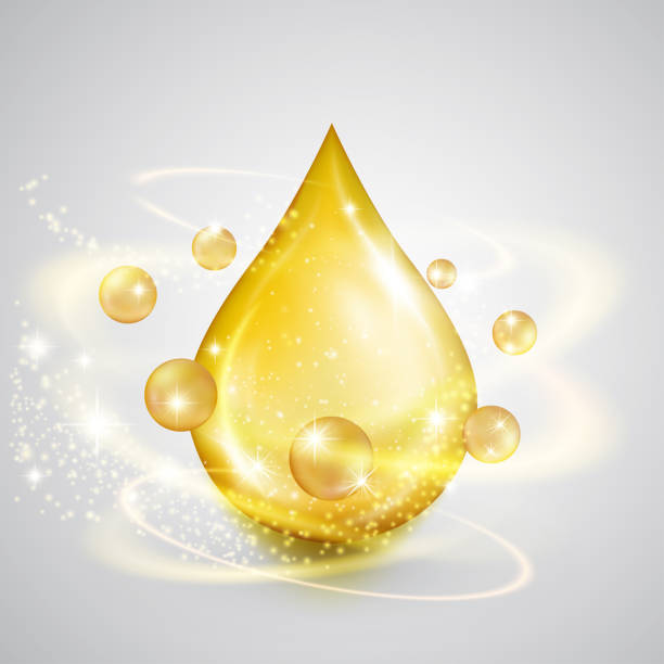 ilustrações de stock, clip art, desenhos animados e ícones de falling drop of golden oil with shiny winds. precious liquid scin care emulsion, symbol of organic nutrition, natural make up components, healthy cooking, ecological production, isolated on white. - nutritional supplement herbal medicine pill nature